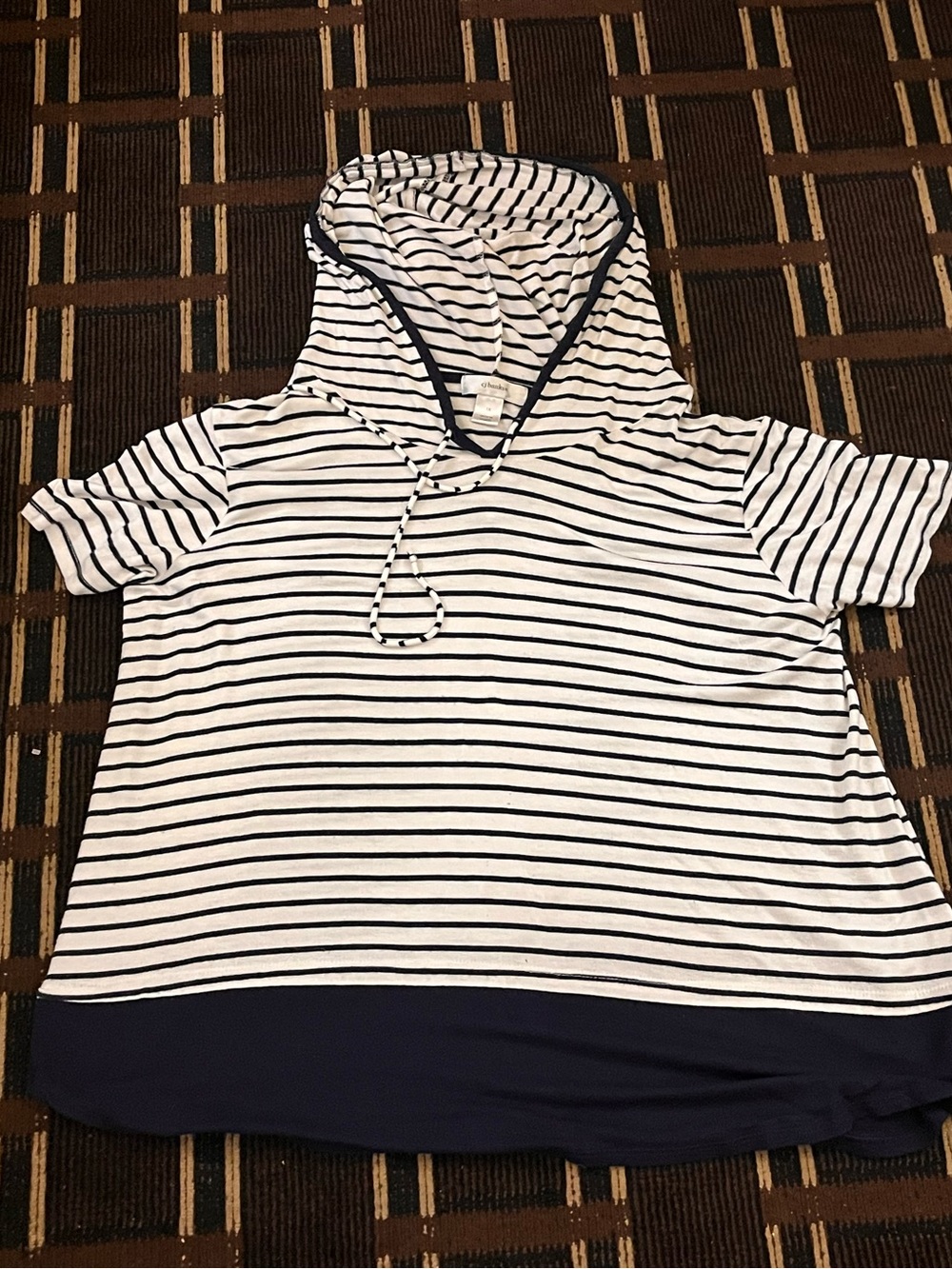 Women’s CJ Banks Nautical Pullover Thin Hoodie Navy Blue Stripes White 1X 806